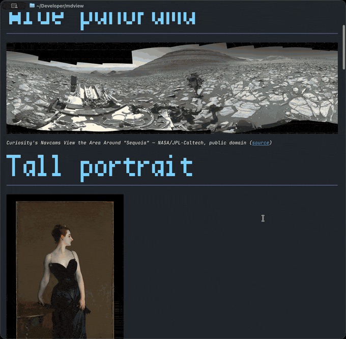 mdpreview's terminal pager showing a markdown gallery — a Mars panorama and Sargent's Madame X rendered as real pixels in the terminal.