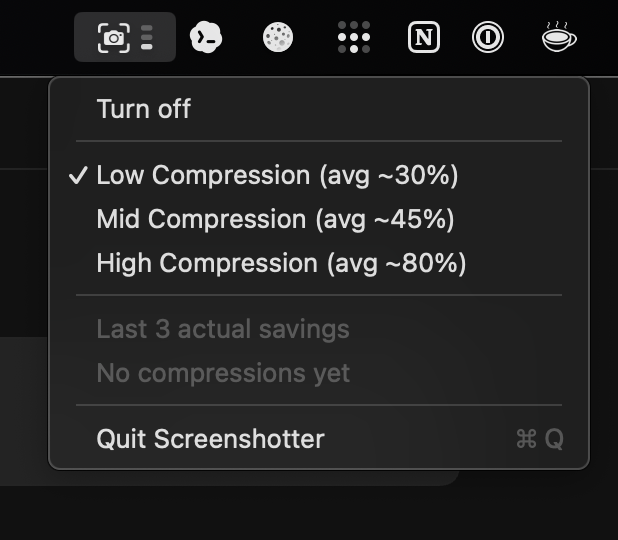 Screenshotter's macOS menu-bar dropdown — a toggle to turn it off and three compression presets (Low ~30%, Mid ~45%, High ~80%), a recent-savings section, and Quit Screenshotter.